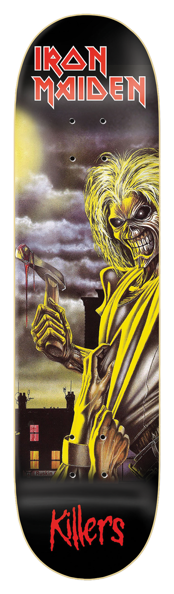 Iron Maiden Iron Maiden - Killers skateboard deck: Album artwork of a yellow-haired skeletal ghoul in a yellow robe raising a bloody axe, with a night street, lit house windows and moon behind. Band name in red at the top, album title in red script at the bottom.