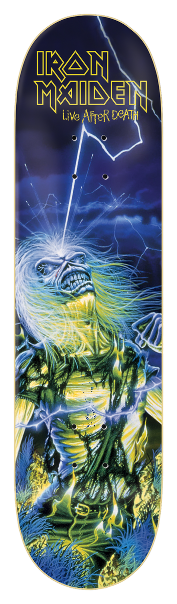 Iron Maiden Iron Maiden - Live After Death 8.0 skateboard deck: Album-art style painting of the skeletal, long-haired Eddie figure with lightning striking his head against a stormy blue sky, with grass in the foreground. Band name and album title in yellow at the top.