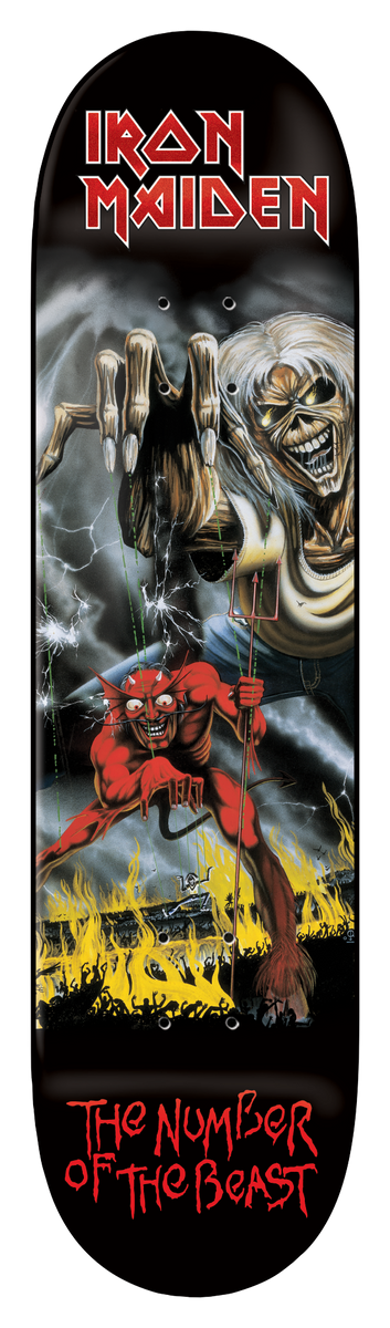 Iron Maiden Iron Maiden - Number Of The Beast (Final Edition) 8.25 skateboard deck: Painted album artwork on a black deck: a skeletal, ragged Eddie figure looms over a red horned devil holding a trident, with hellfire burning below. Red band logo across the top and title lettering at the bottom.