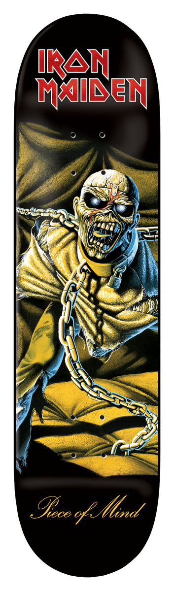 Iron Maiden Iron Maiden - Piece Of Mind (Final Edition) 8.25 skateboard deck: Band album artwork of a chained, wild-eyed lobotomised man in a straitjacket on a padded cell floor in yellow-gold and black, with the band logo in red and white at the top and script title below.