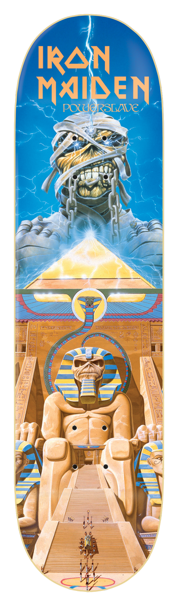Iron Maiden Iron Maiden - Powerslave 8.25 skateboard deck: Painted Powerslave album artwork: a bandaged mummy skull figure with lightning above a glowing pyramid, over a huge Egyptian sphinx statue with a skull face and pharaoh headdress at the top of temple steps. Band name in gold at the top.