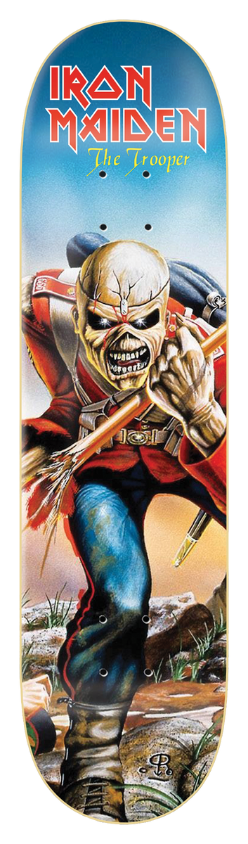 Iron Maiden Iron Maiden - The Trooper 8.25 skateboard deck: Painted illustration of Iron Maiden's skeletal mascot Eddie as a British redcoat soldier charging forward with a tattered flag, over a blue sky and rocky ground. Band name and song title in red and yellow lettering across the top.