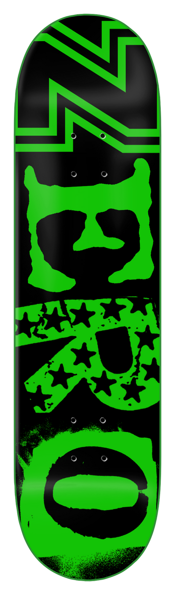 Zero Legacy Ransom - Green Dip skateboard deck: A large distorted ZERO logo in neon green on black, with the Z formed by lightning-like bars, the R filled with stars and the O drawn as a rough stencil oval.
