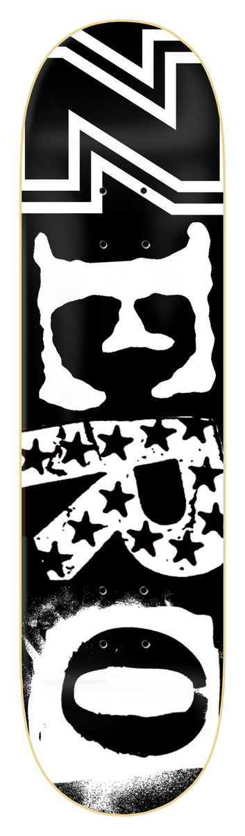 Zero Legacy Ransom - 8.5 skateboard deck: The Zero name in distressed white letters stacked down a black deck, with the R filled with stars and a black and white zigzag lightning band at the nose. Rough stencil texture throughout.