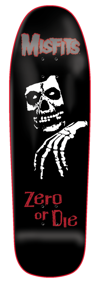 Zero Legacy - 9.5 skateboard deck: Old-school shaped black deck with a red outline, a grey MISFITS logo above a white skull face and skeletal hand, and ZERO OR DIE in red lettering below.