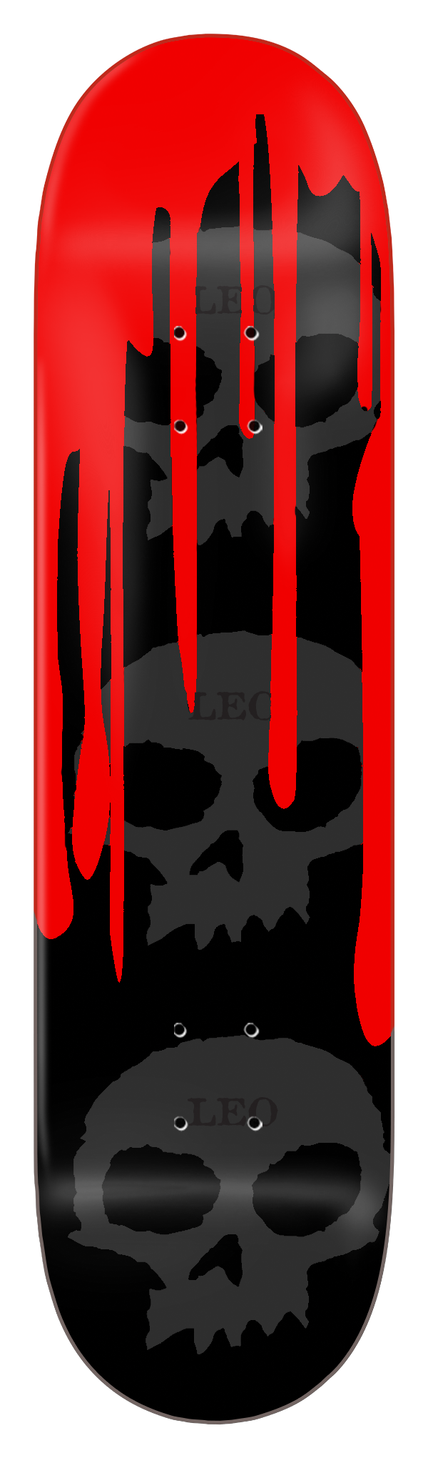 Zero Leo Romero - Guest Board *unsigned* skateboard deck: Three stacked dark grey Zero skulls with LEO written on each forehead, with red paint dripping down over the top of a black deck.