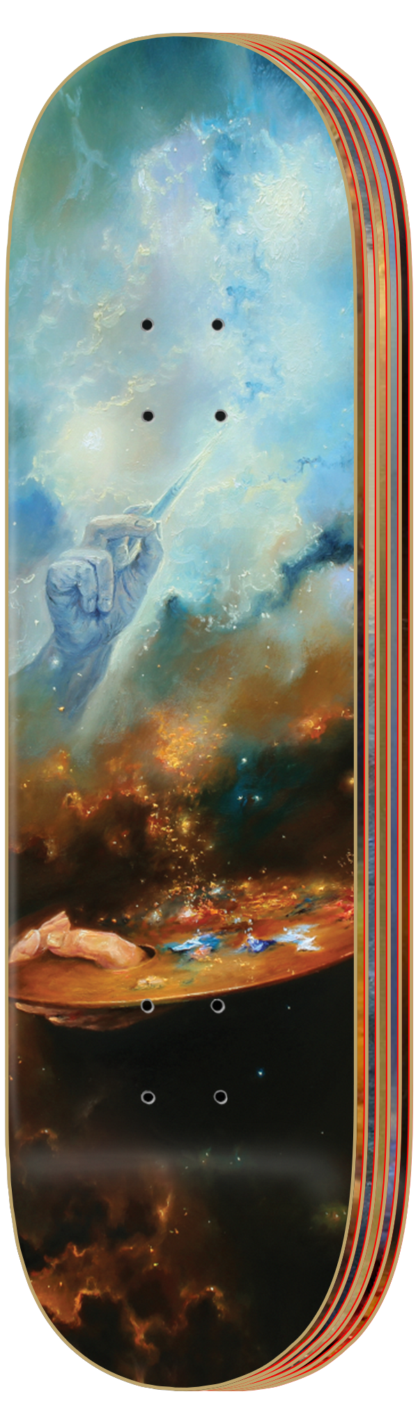 Zero Lewandowski III - 6 - Board Set skateboard deck: Painted cosmic scene of a ghostly hand holding a brush, reaching from blue clouds toward a palette, over an orange and brown nebula against black space. The photo shows the deck with its layered coloured edge.