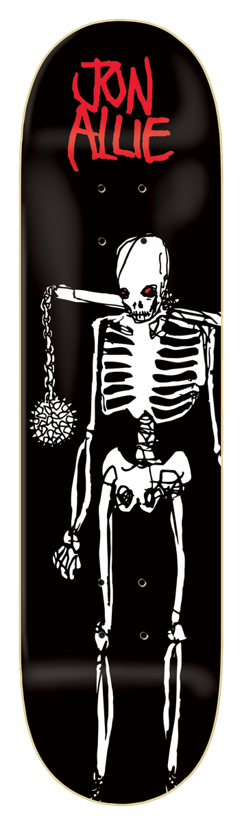 Zero Living Dead - Allie 8.125 skateboard deck: White skeleton with red eyes stands holding a spiked ball-and-chain flail over its shoulder, drawn in a loose scratchy style. Rider name in red hand lettering at the top of a black deck.