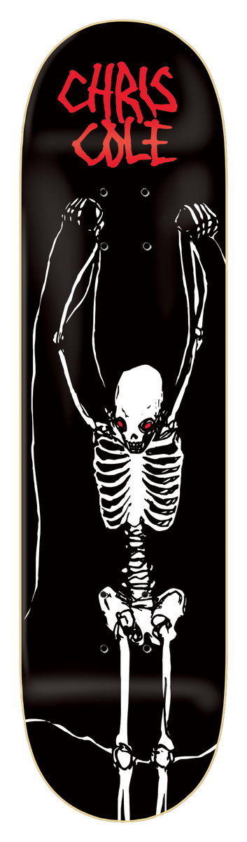 Zero Living Dead - Cole 8.375 skateboard deck: White skeleton with red eyes hangs by its raised fists from above, drawn in a rough scratchy style. Rider name in red brush lettering across the top of a black deck.