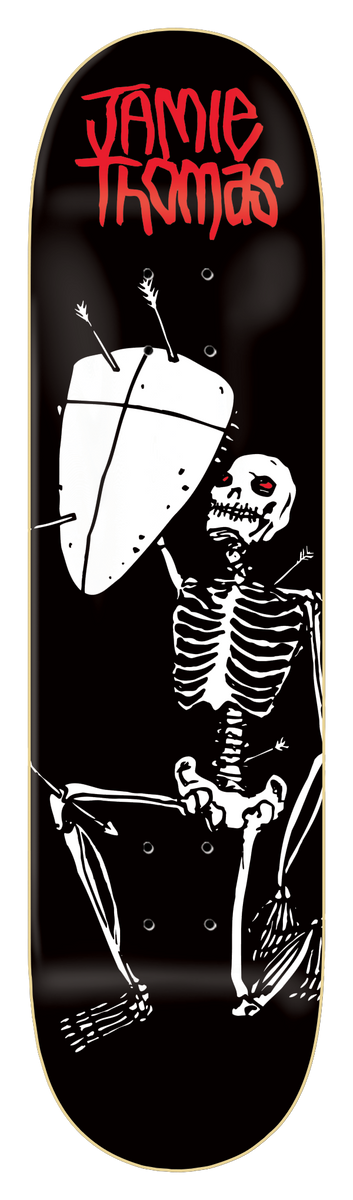 Zero Living Dead - Thomas 8.25 skateboard deck: Black deck with a white line-drawn skeleton with red eyes kneeling behind a large shield, pierced by several arrows. Jamie Thomas name in red brush lettering across the top.
