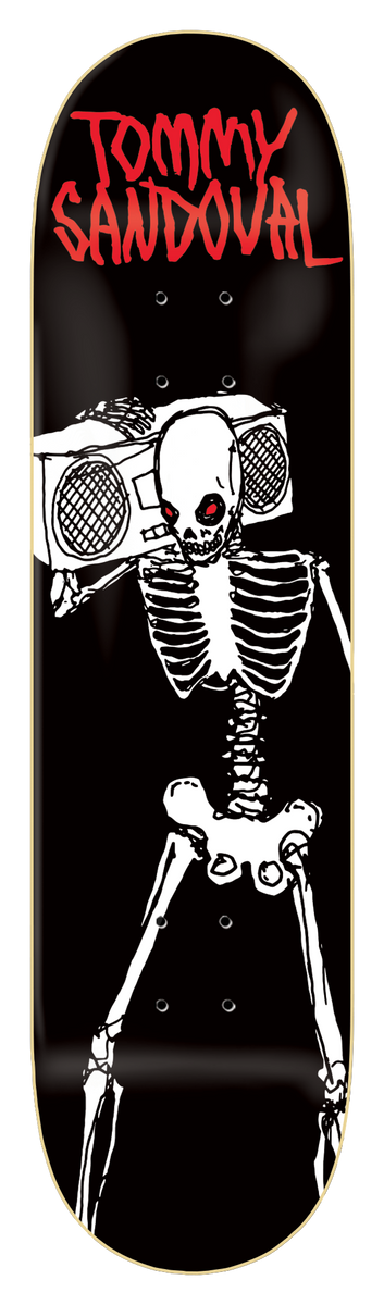 Zero Living Dead - Sandoval 8.0 skateboard deck: Black deck with a white line-drawn skeleton with red eyes carrying a boombox on its shoulder. Tommy Sandoval name in red brush lettering across the top.