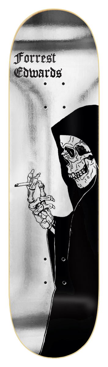 Zero Forrest - Black Death skateboard deck: A hooded grim reaper skull holding a cigarette in skeletal fingers, drawn in black ink against a silver-white metallic background. Gothic blackletter name at the top.