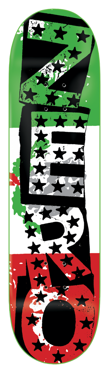 Zero Mexican Punk 8.5 skateboard deck: Large black stencil-style lettering with scattered stars over horizontal green, white and red bands in the style of the Mexican flag, with a faded eagle and cactus in the middle band.