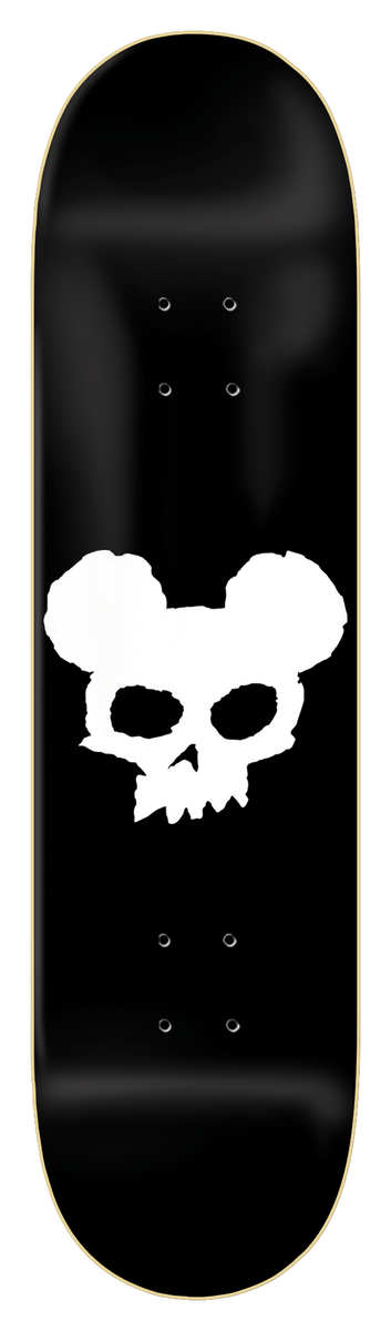 Zero Mickey Skull - 8.25 skateboard deck: Plain white hand-cut skull with round mouse-style ears, centred low on a glossy black deck.
