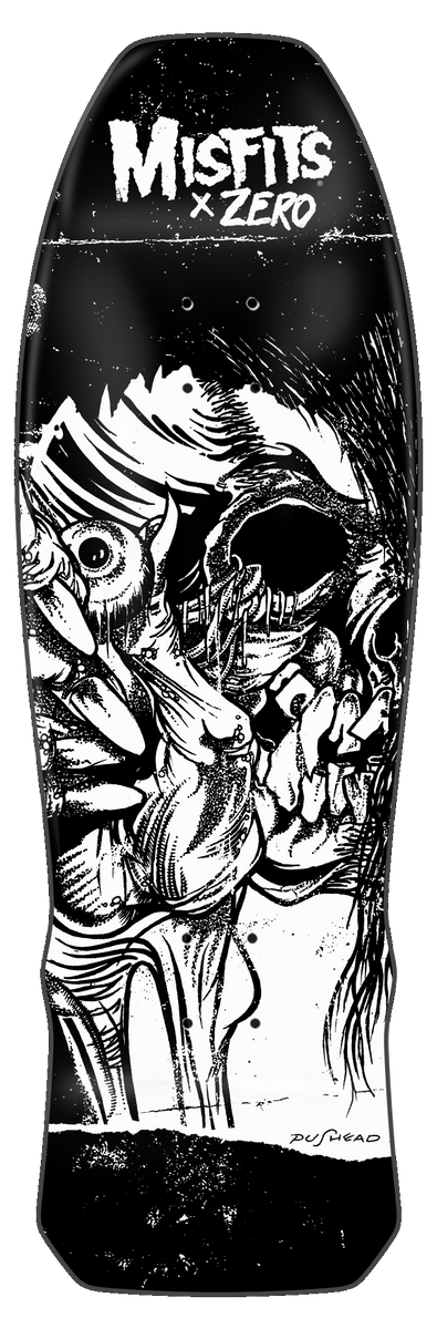 Zero Misfits - Evil Eye 89 Cruiser - Ltd Hand - Screened skateboard deck: Black and white cruiser-shaped deck with Misfits x Zero lettering at the top above a detailed ink drawing of a decayed skull-like face with a large eye, signed at the bottom.
