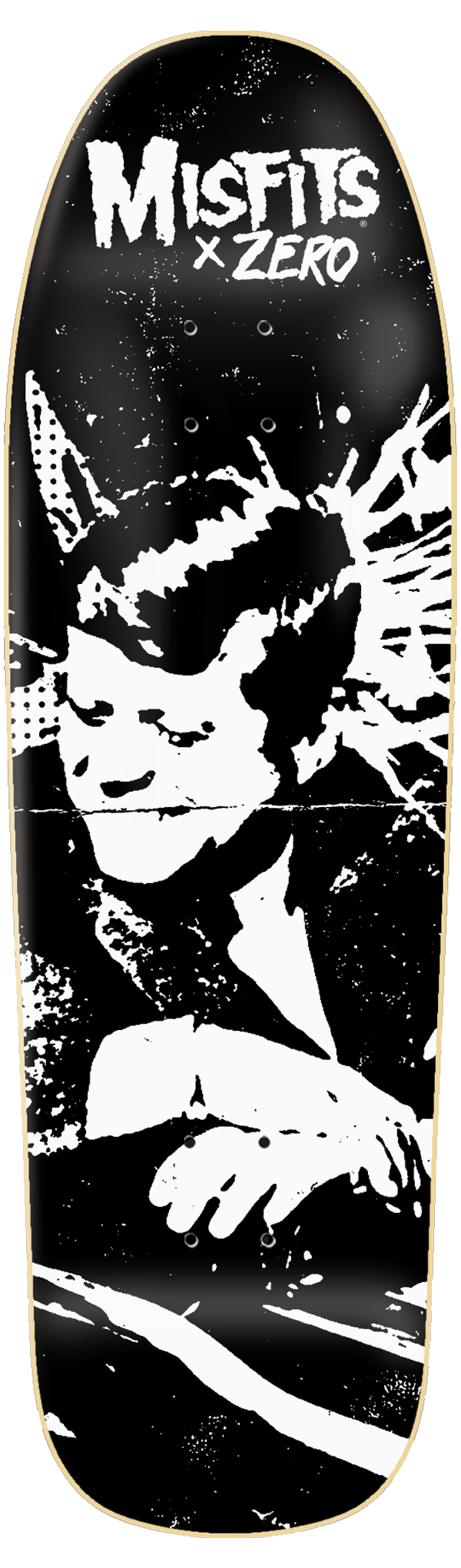 Zero Misfits Bullet Shaped skateboard deck: Black shaped deck with a rough white photocopy-style image of a hunched figure with a devil-lock hairstyle, under a white Misfits x Zero logo.