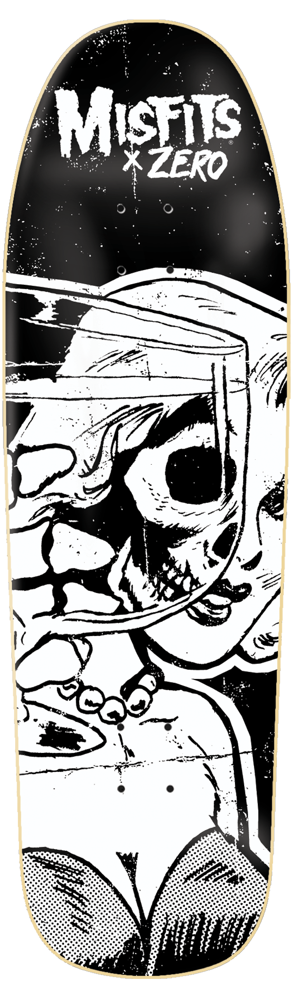 Zero Misfits Die Die Shaped skateboard deck: Black shaped deck with a white comic-book style illustration of a woman holding a glass with a skull-faced figure, drawn in rough line and halftone dots, under the Misfits x Zero logo.