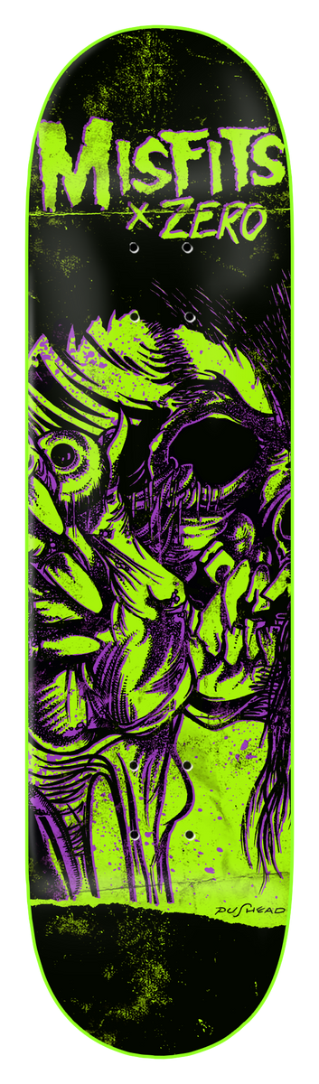 Zero Misfits - Evil Eye - Matte Green Dipped - 8.25 skateboard deck: Black deck with Misfits x Zero lettering in lime green at the top over a green and purple drawing of a distorted skull-like face with a large eye, with a green edge dip and a small signature at the bottom.