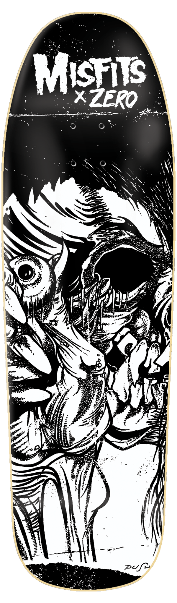 Zero Misfits Evil Eye Shaped skateboard deck: Black shaped deck with a detailed white pen-style illustration of a skull and a staring eye among tangled, hairy forms, under the Misfits x Zero logo.