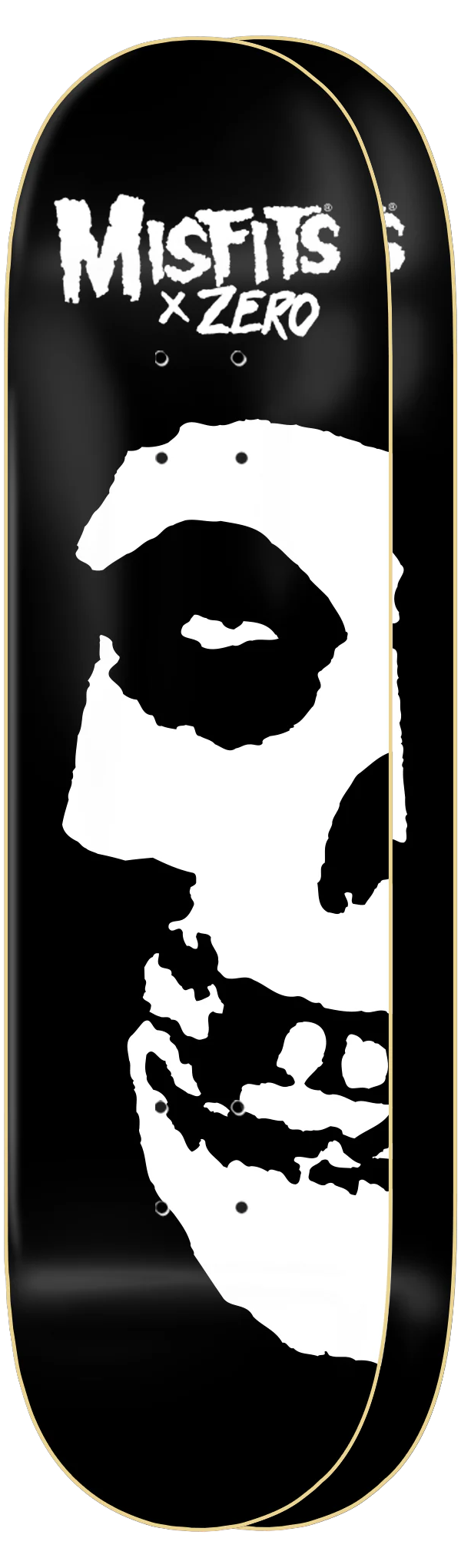 Zero Misfits - Fiend Skull - 2 Board Set skateboard deck: Two black decks overlapping, each with a large white Misfits Fiend Skull face cropped at the right edge, under a white Misfits x Zero logo.