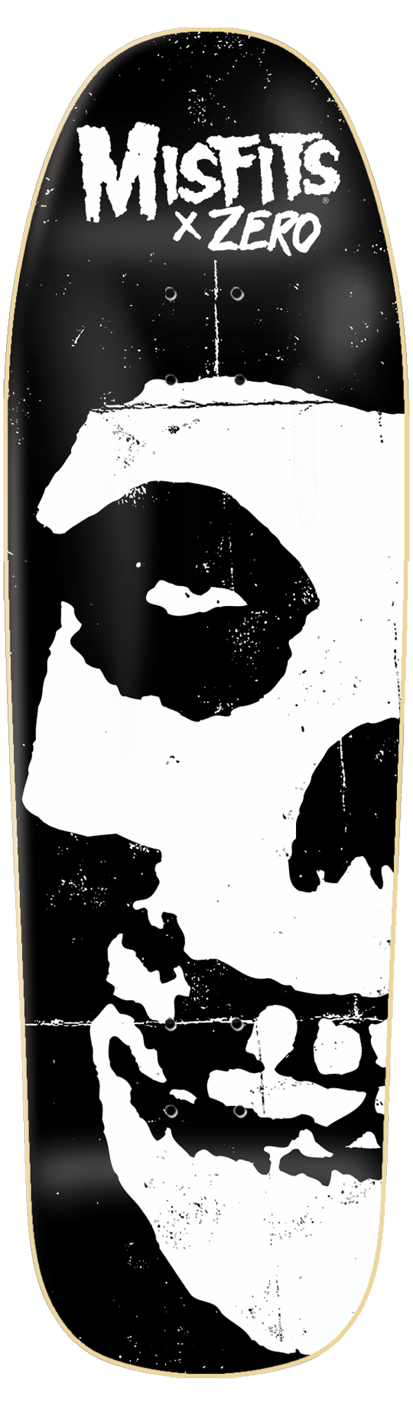 Zero Misfits Fiend Skull Shaped skateboard deck: Black shaped deck with an enormous, distressed white Misfits Fiend Skull face filling most of the board, cropped at the right edge, under the Misfits x Zero logo.