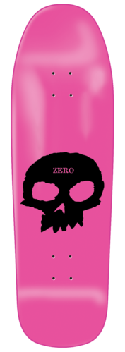 Zero Misled Youth Single Skull 9.5 skateboard deck: Large black single skull logo with the Zero name in its forehead, on a bright pink old-school shaped deck.