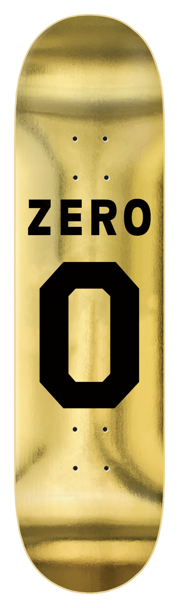 Zero Numero - Gold Foil 8.375 skateboard deck: Gold foil deck with a large black Zero name above a big black number zero in a varsity-style typeface.