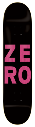 Zero Numero Pricepoint 8.5 skateboard deck: Large pink distressed-texture block letters spelling the brand name in two stacked lines on a plain black deck with a thin cream outline.