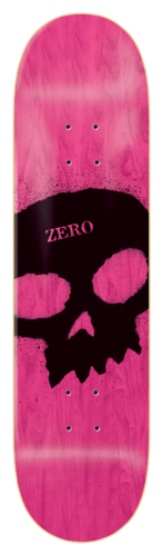 Zero Og Skull Stencil - 8.0 & 8.25 skateboard deck: Large black spray-stencil skull with speckled edges on a pink wood-stained deck, with a small pink 'ZERO' across its forehead.
