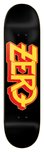 Zero Ozzy 8.25 & 8.5 skateboard deck: Chunky 3D block-letter logo running vertically down the middle of a plain black deck, with yellow faces and red shading and outlines.