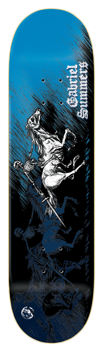 Zero Pale Horse - Summers 8.25 skateboard deck: A skeletal rider on a rearing white horse, drawn in white line on a blue to black deck, with further shadowy riders behind. Gabriel Summers in gothic blackletter down the right, small round logo at the bottom.