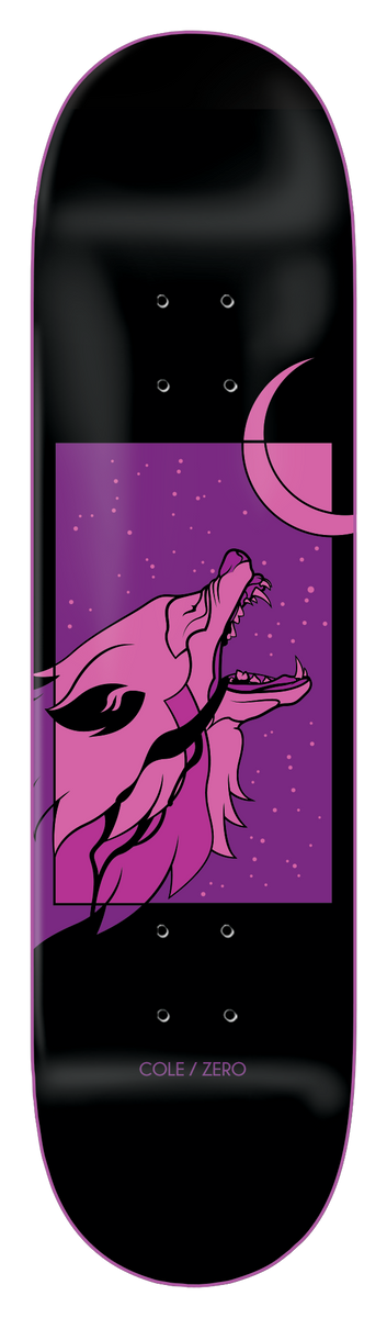 Zero Past Forms - Cole 8.25 skateboard deck: Black deck with a pink and purple howling wolf head in profile, set in a starry purple rectangle with a crescent moon above. Thin pink outline around the deck edge.