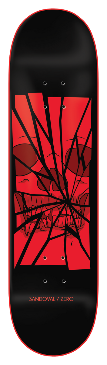 Zero Past Forms - Sandoval 8.0 skateboard deck: Red skull seen through shattered glass, cracks radiating across a red panel on a black deck with red edge line. Small credit text at the bottom.