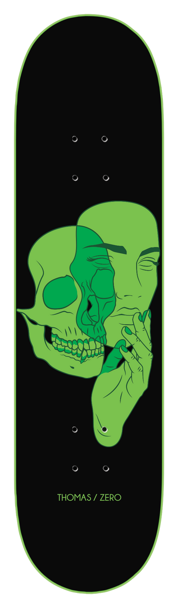 Zero Past Forms - Thomas 8.375 skateboard deck: Black deck with a green line illustration of a skull merged with a woman's face, her hand held to her chin. Thin green outline around the edge.