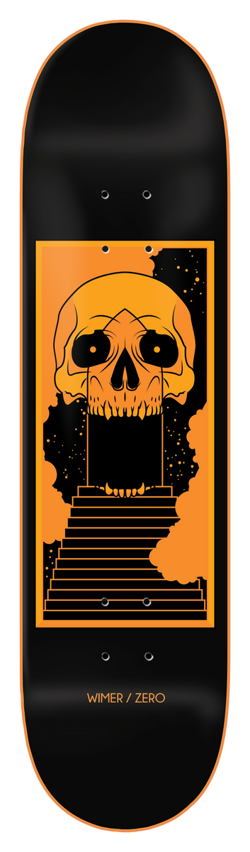 Zero Past Forms - Wimer 8.25 skateboard deck: Orange line-art skull with a stone staircase rising from its open mouth, inside an orange framed panel with starry smoke, on a black deck. Small orange credit text at the bottom.