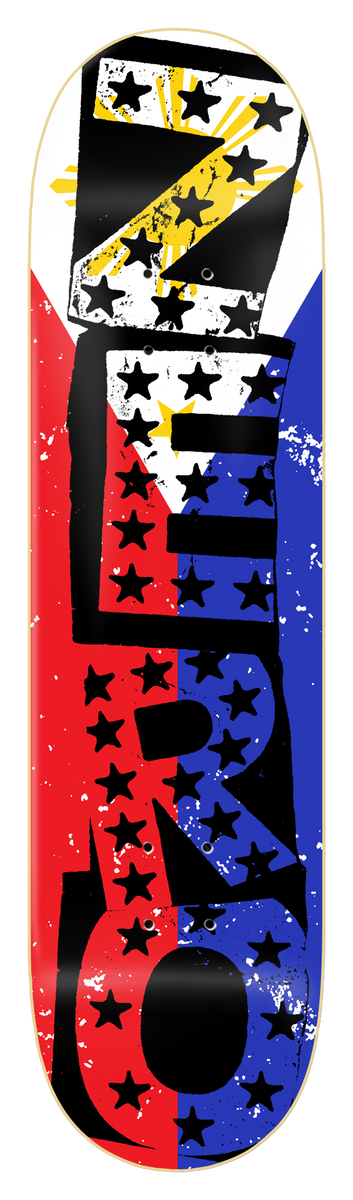 Zero Philippine Punk skateboard deck: Brand name in large distressed black block lettering, filled with black stars, over a worn Philippine flag design of red, blue and white with a gold sun.