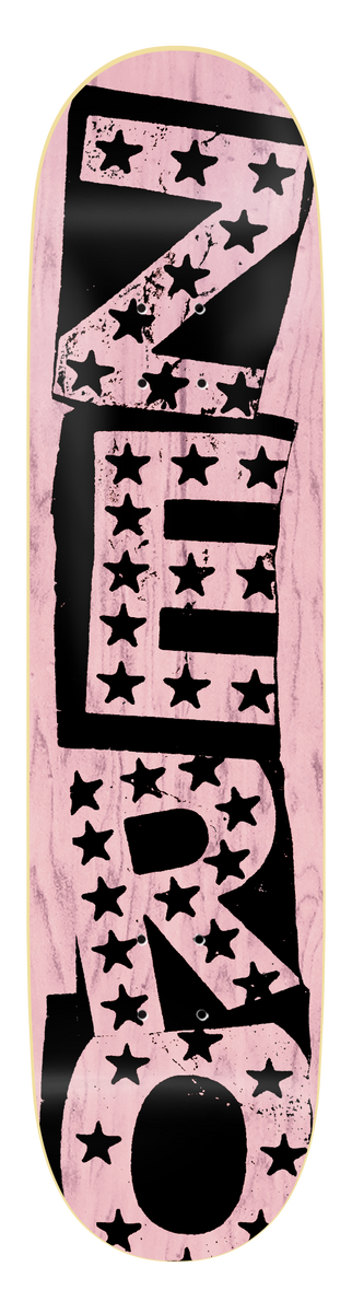 Zero Pink Punk Stars - Pricepoint skateboard deck: Zero spelled in large black ransom-note style block letters running down a pink wood-stained deck, with black stars scattered across the letters and background.