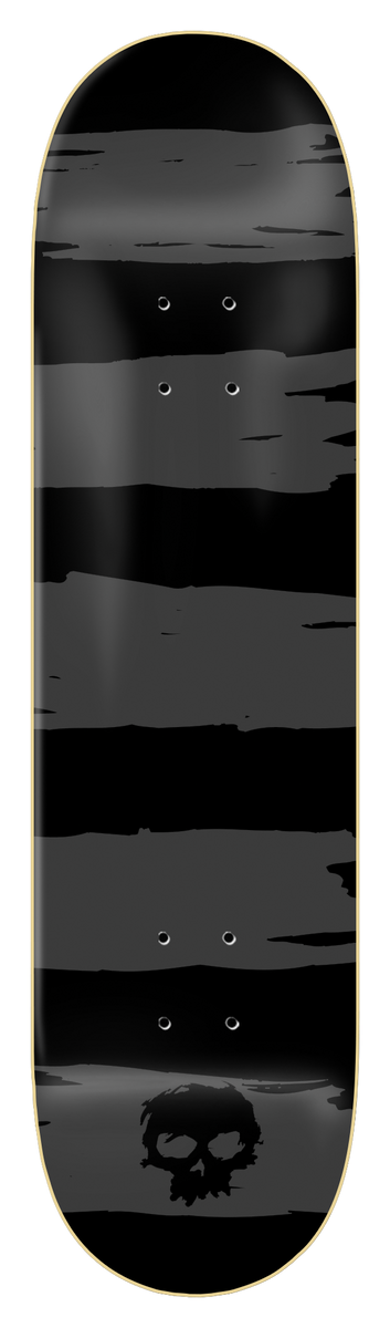 Zero Punk Stripes - Grey 8.0 skateboard deck: Rough, brushed horizontal grey stripes run across a black deck, giving a tone-on-tone look. A small black skull logo sits near the bottom with a gold edge around the board.