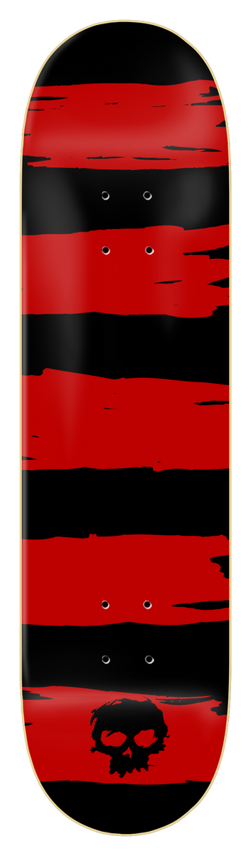 Zero Punk Stripes - Red 8.25 skateboard deck: Rough, brushed horizontal red stripes run across a black deck, with a small black skull logo at the bottom and a gold edge around the board.