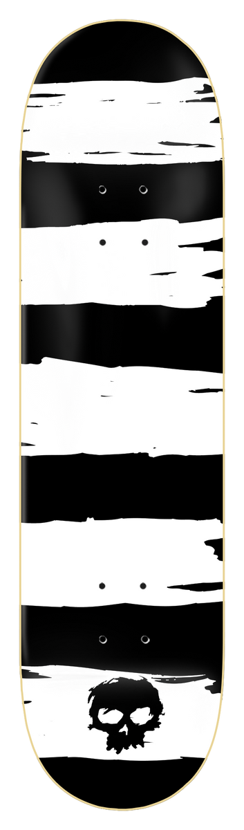 Zero Punk Stripes - White 8.5 skateboard deck: Rough, brushed horizontal white stripes cross a black deck, with a small black skull logo at the bottom and a gold edge around the board.