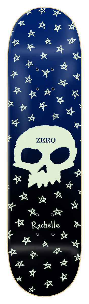 Zero Rachelle Vinberg - Guest Model skateboard deck: A pale glow-in-the-dark Zero skull with the brand name on its forehead, surrounded by hand-drawn stars on a navy to black fade. Signature-style name sits below.
