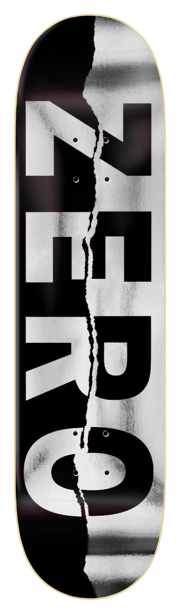 Zero Ripped Army Foil - Black skateboard deck: Large silver foil ZERO letters running down a black deck, with a jagged torn line splitting the foil and black halves.