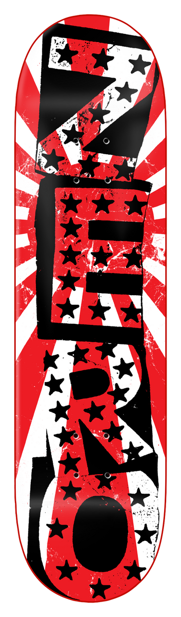 Zero Rising Punk 8.0 skateboard deck: Large black stencil-style lettering with scattered stars over a red and white rising-sun burst with cracked, distressed texture.
