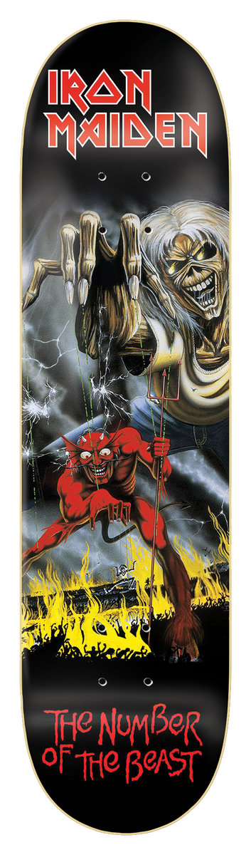 Iron Maiden Iron Maiden - The Number Of The Beast 8.25 skateboard deck: Iron Maiden album artwork: the undead mascot Eddie looming at top right, puppeteering a red horned devil with a trident standing in flames. Band name in red lettering at top, album title at bottom, on black.
