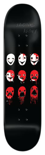 Zero Sandoval - Agony 8.125 skateboard deck: Black deck with a three-by-three grid of spray-painted masks, moving from smiling white faces at the top, through red faces with blood, to screaming red faces dripping red at the bottom. Faint grey rider and title text sits at the top.