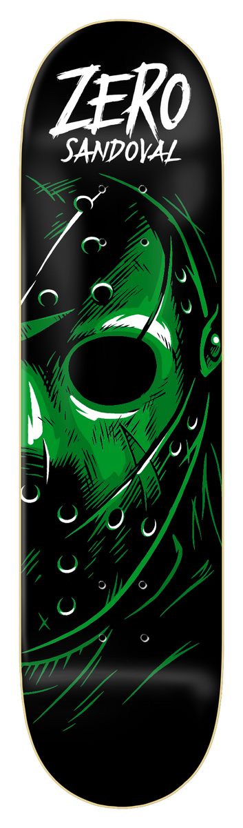 Zero Sandoval - Fright Night - 8.5 skateboard deck: Close-up of a green-tinted hockey goalie mask with a dark eye hole and water droplets on black, in a horror illustration style. Zero and Sandoval in white brush lettering at the top.