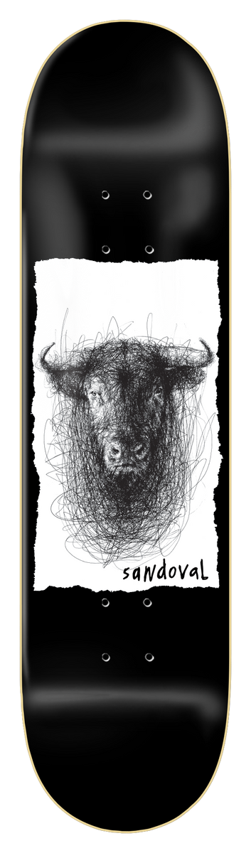 Zero Sandoval - Ilo Ballpoint skateboard deck: Black deck with a torn white paper panel holding a scribbled ballpoint-pen drawing of a bull's head, with the name sandoval handwritten beneath it.