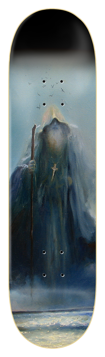 Zero Sandoval - Nocturne skateboard deck: Moody painting of a tall hooded, bearded wizard-like figure holding a staff and wearing a cross, face tilted upwards, with birds in the sky above a misty sea in blue-grey tones.