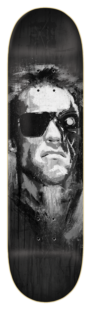 Zero Sandoval - Terminator 8.375 skateboard deck: Monochrome painted portrait of a man's face with dark sunglasses, with one side showing a metallic robotic eye, rendered in loose black, grey and white brush strokes against a black background.