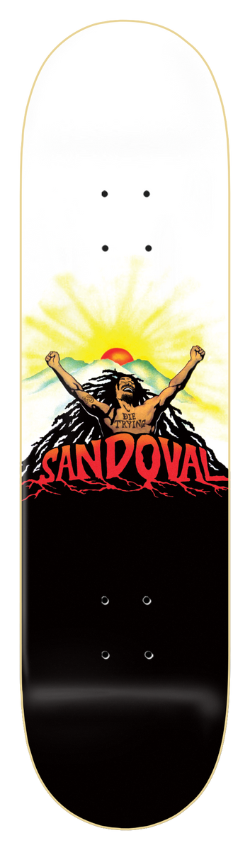 Zero Sandoval - Uprising 8.375 skateboard deck: A dreadlocked figure with raised fists rises from a mass of long hair against a rising sun and green hills, with a red name logo dripping roots over a black lower half. The upper half is white.